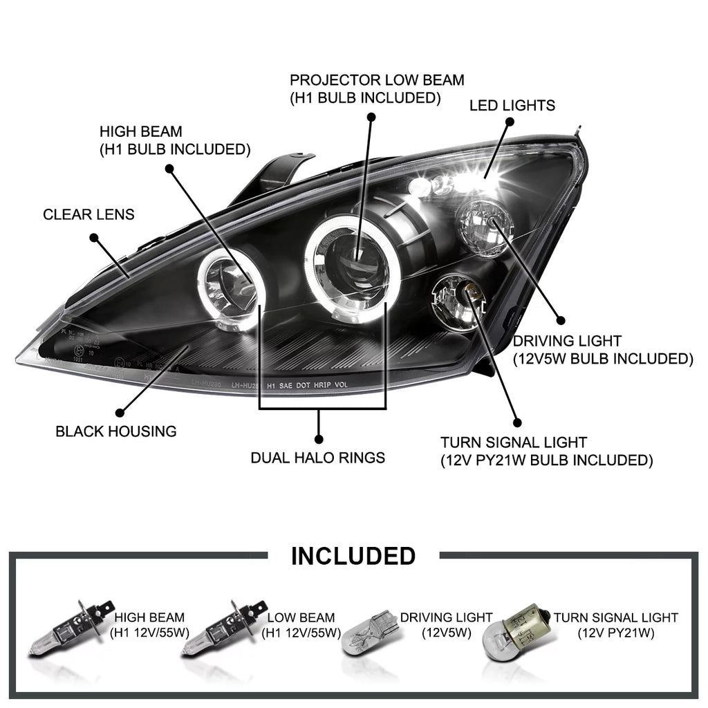 Halo LED Projector Headlights Black for 2000-2004 Ford Focus, Pair S7083