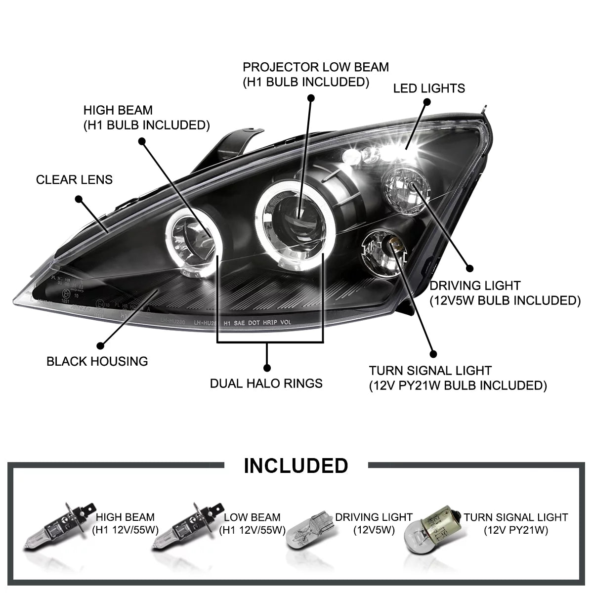 Halo LED Projector Headlights Black for 2000-2004 Ford Focus, Pair S7083