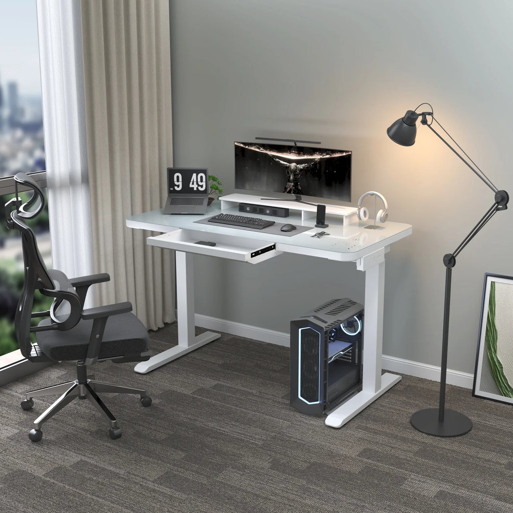 Electric Glass Standing Desk with Drawers, Dual Motor Height Adjustable, White J3363