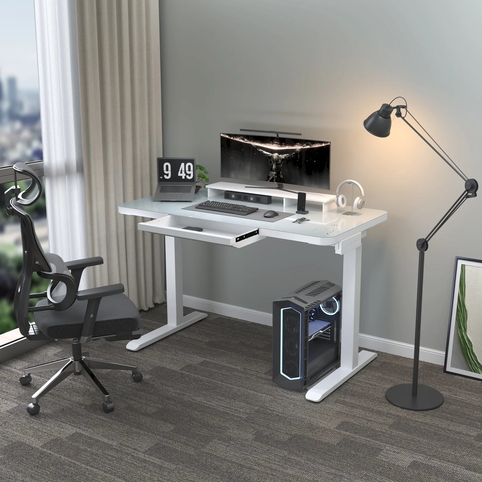 Electric Glass Standing Desk with Drawers, Dual Motor Height Adjustable, White J3363