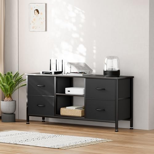 TV Stand with 4 Fabric Drawers and Open Shelves for 50" TV, Black Wood Veins I88170