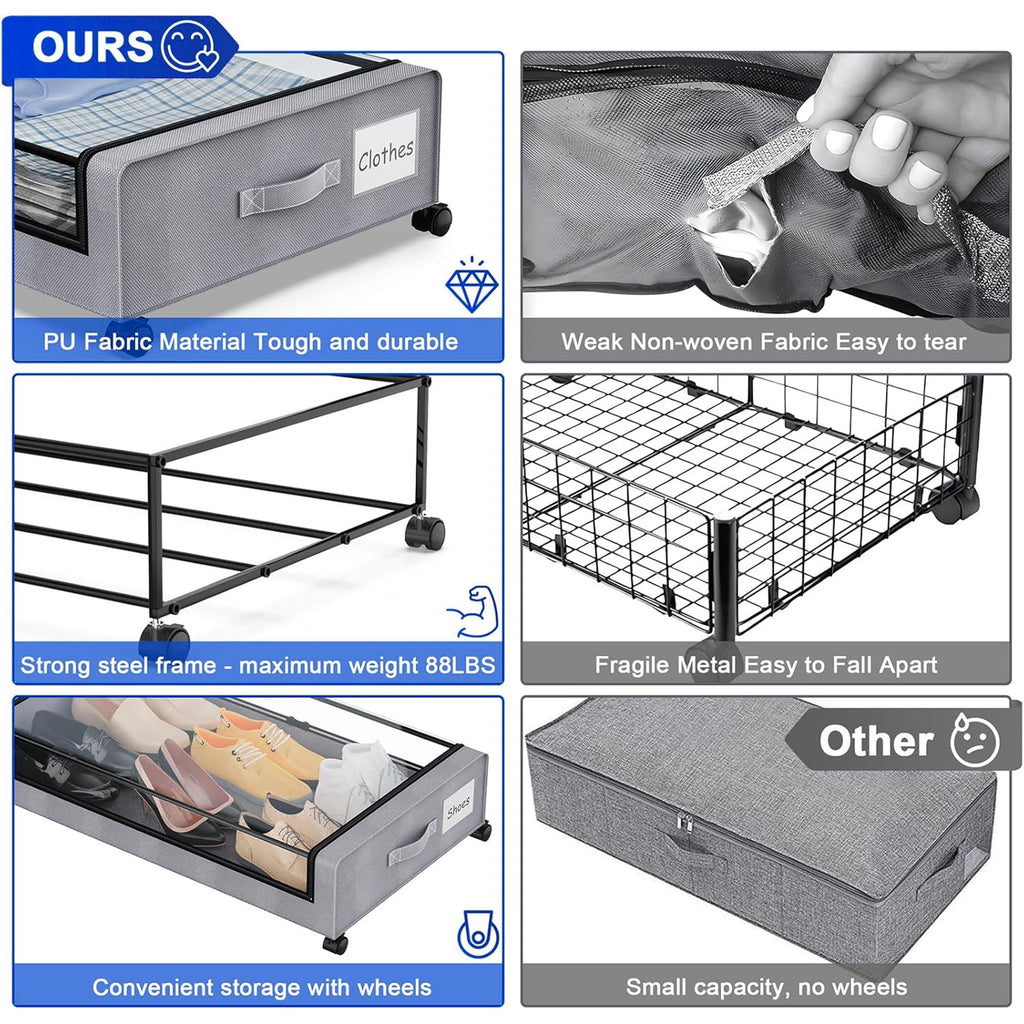 Under Bed Storage Containers with Wheels and Clear Lids, 60L, Gray P9824