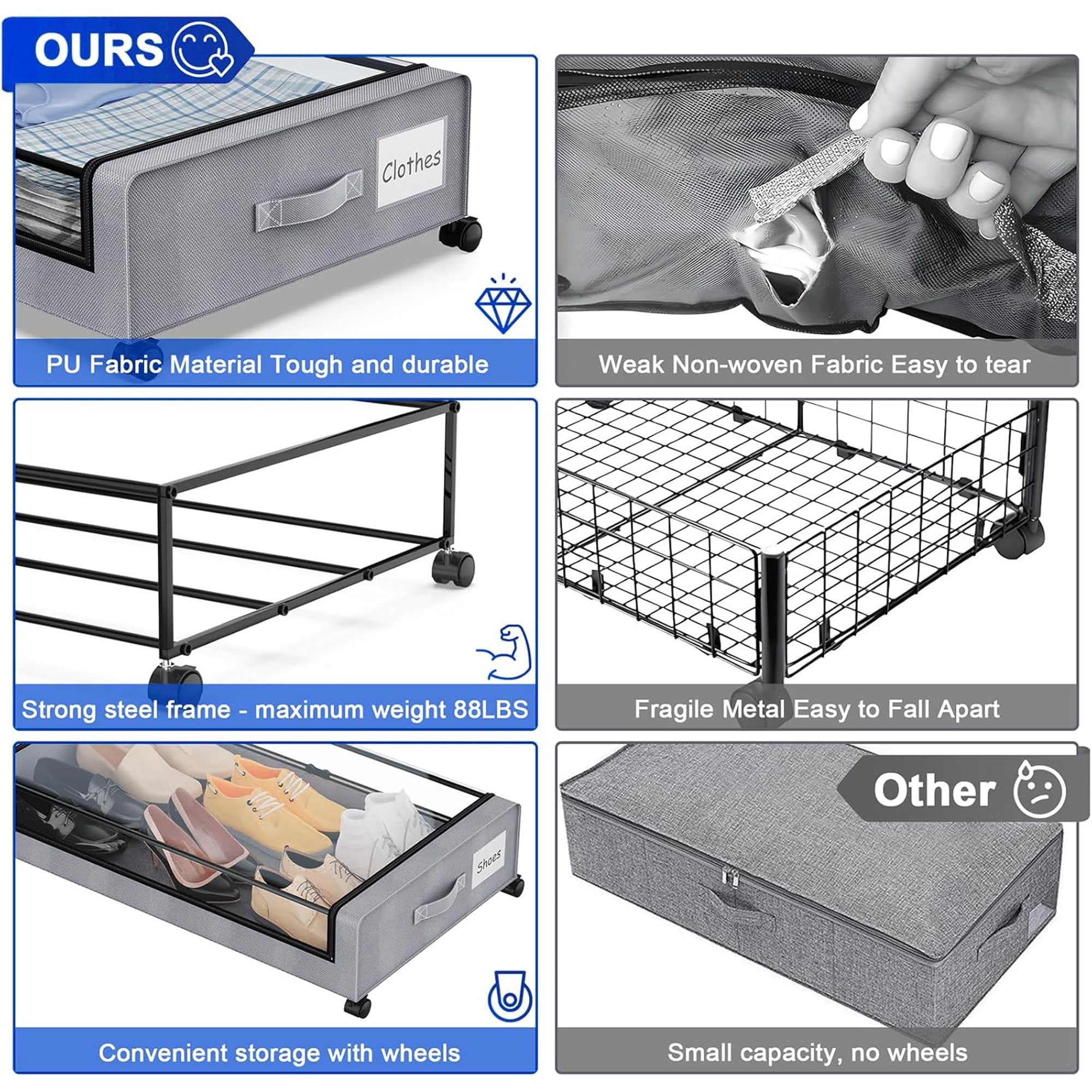 Under Bed Storage Containers with Wheels and Clear Lids, 60L, Gray P9824