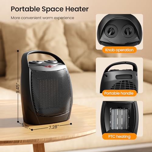Small Electric Ceramic Space Heater with Adjustable Thermostat, 750W/1500W I76677