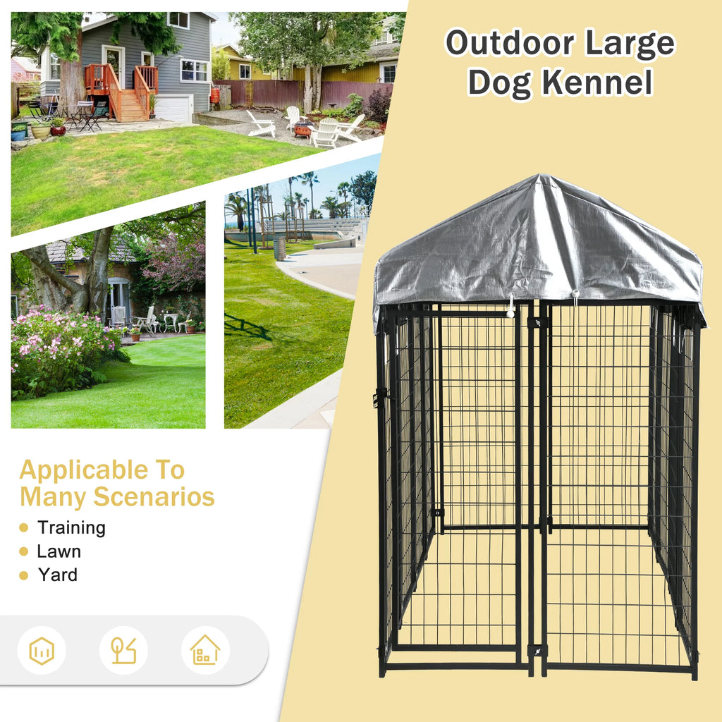 Heavy Duty Outdoor Dog Kennel with Waterproof UV Cover, Large Metal Dog Pen H3740