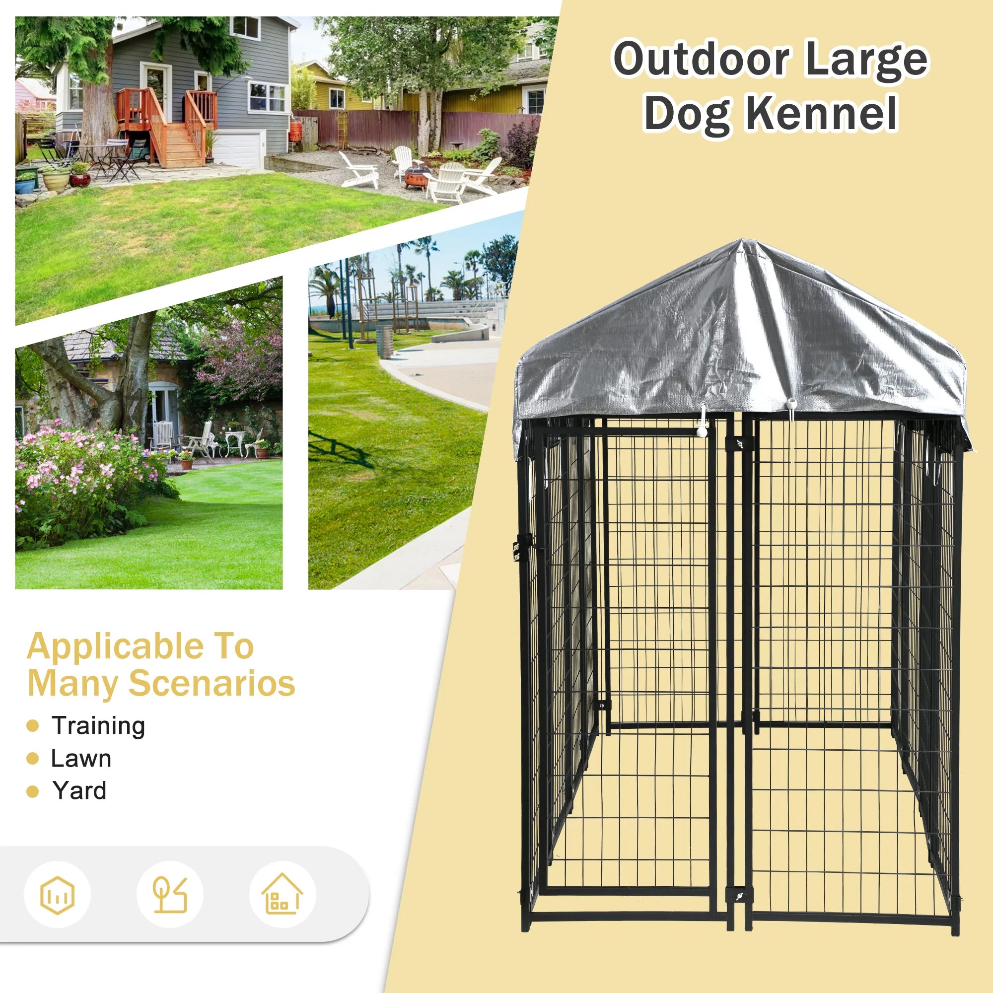 Heavy Duty Outdoor Dog Kennel with Waterproof UV Cover, Large Metal Dog Pen H3740