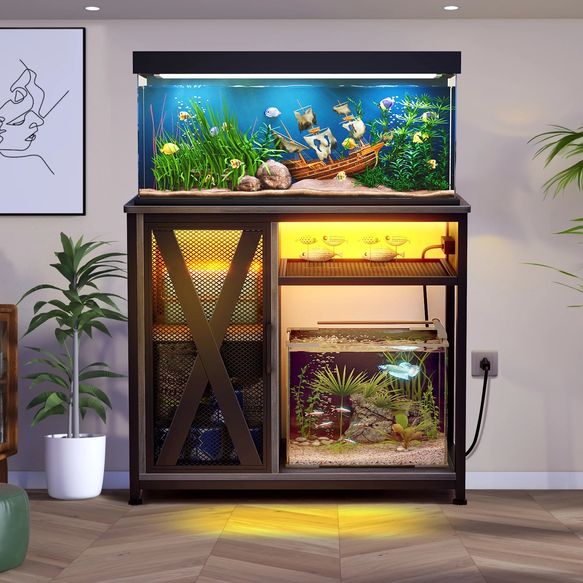 Metal Aquarium Stand with Power Outlets and LED Light for 40-50 Gallon Tank I7698