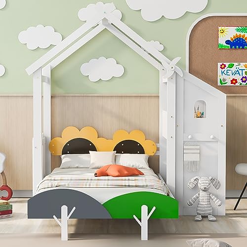 House-Shaped Twin Size Platform Bed with Windmill and Flower Decor G54063