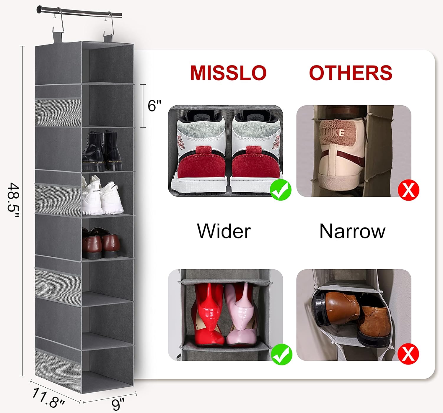 3-Tier Long Shoe Rack for Closet with 8-Shelf Hanging Organizer M871