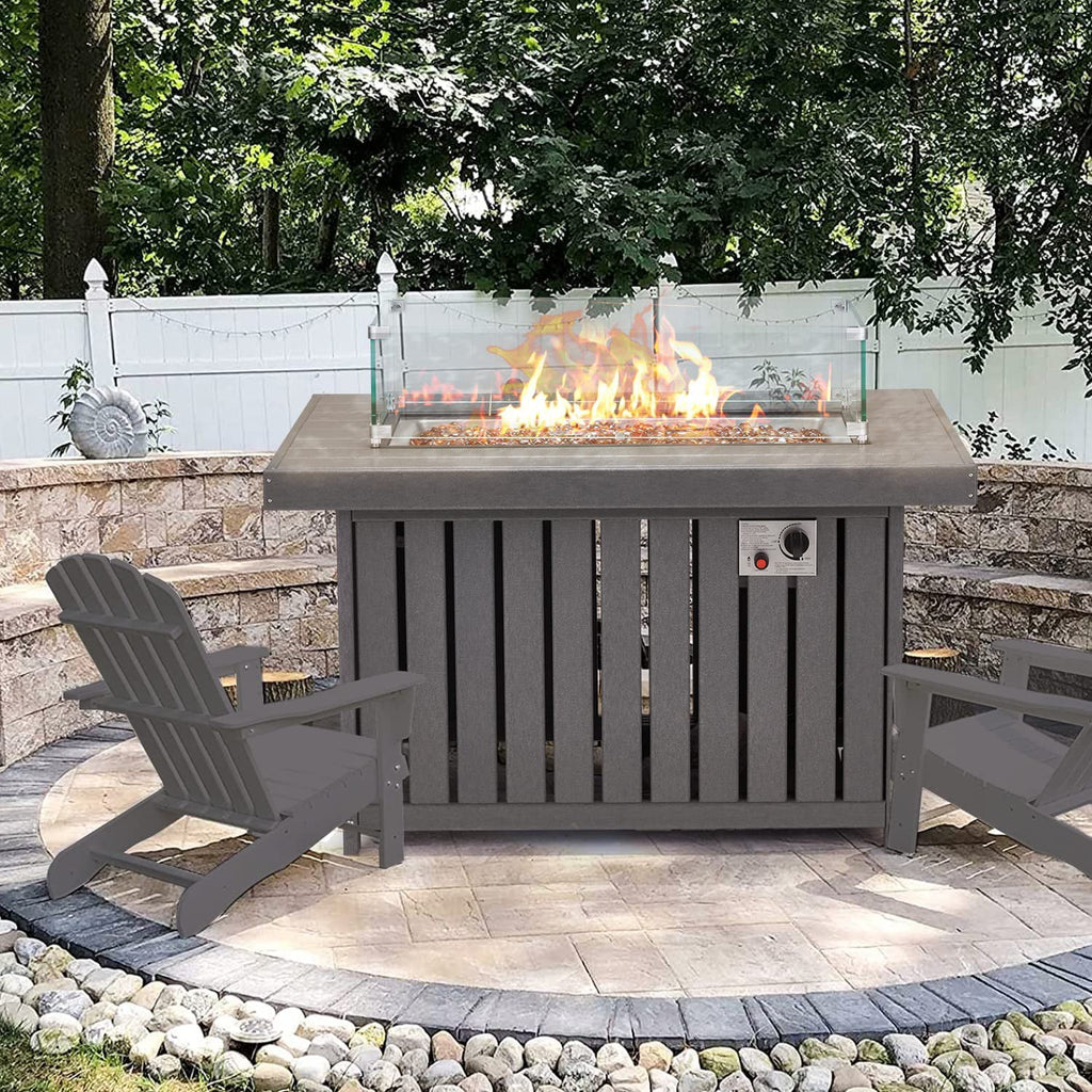 43 Inch HDPE Propane Fire Pit Table with Lid and Fire Glass, Gray E1551