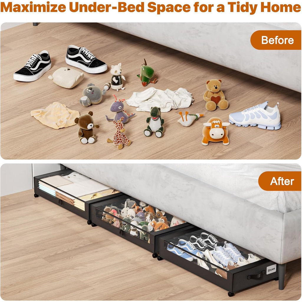 Under Bed Storage Containers with Wheels, 4 Pack, XXL 60L, Clear Lids W6827
