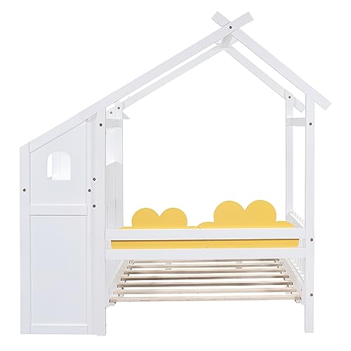 House-Shaped Twin Size Platform Bed with Windmill and Flower Decor G54063