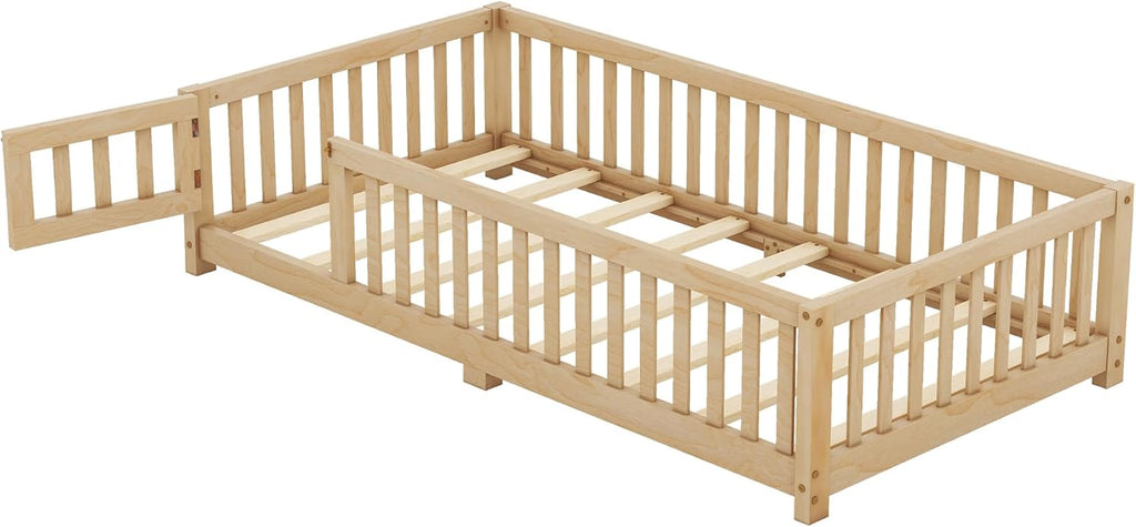 Twin Size Montessori Floor Bed with Door and Fence for Kids, Easy Assembly, Natural H441837