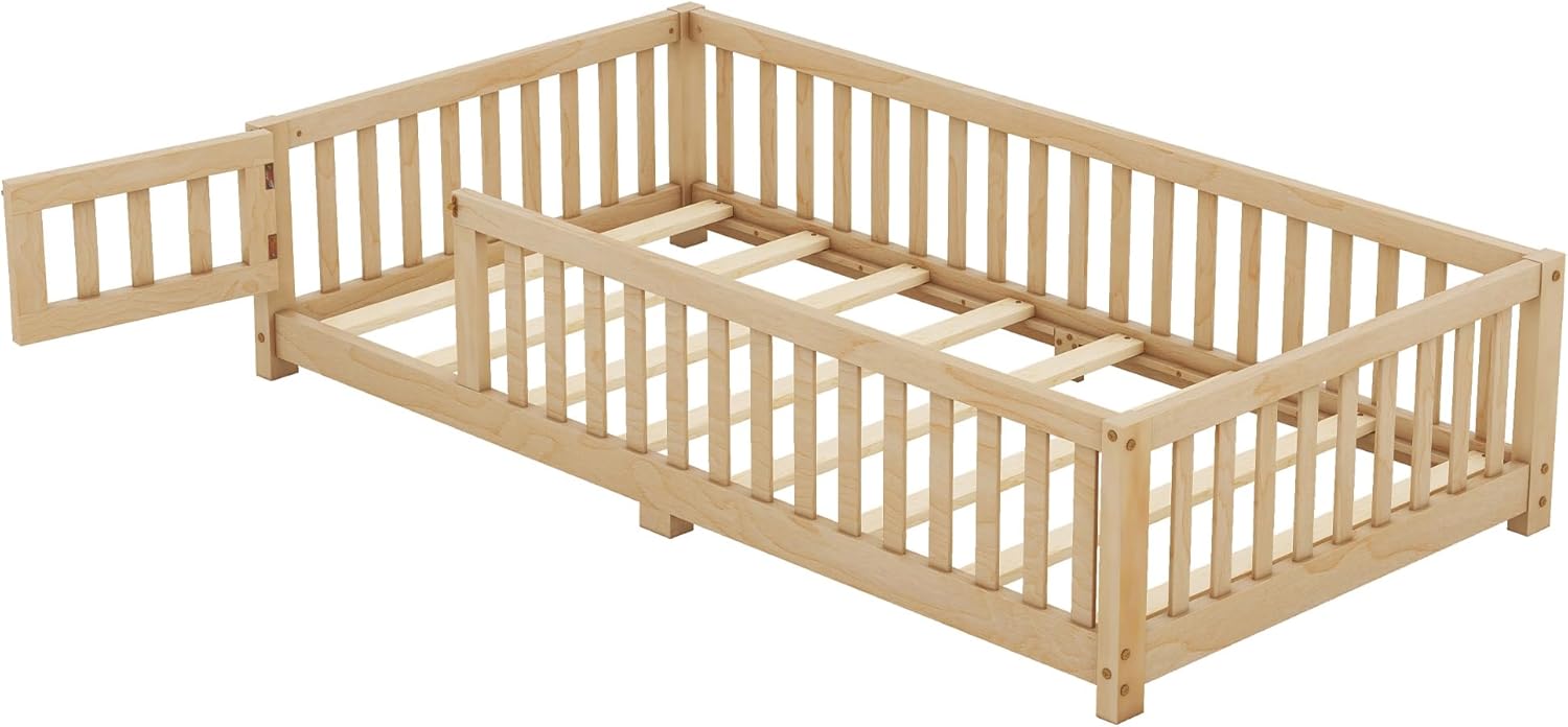 Twin Size Montessori Floor Bed with Door and Fence for Kids, Easy Assembly, Natural H441837