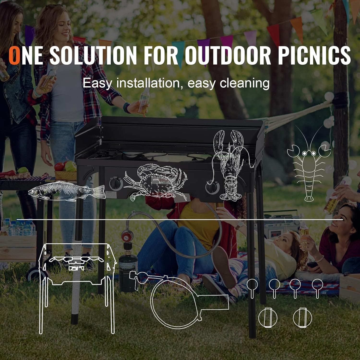 Outdoor Propane Burner, 2 Burner Stove with Windscreen, Heavy Duty Gas Cooker with Detachable Legs Stand S96726