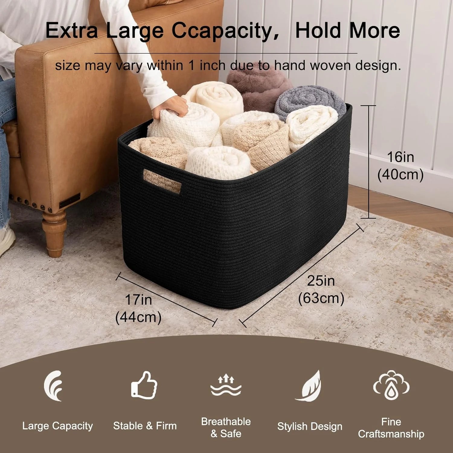 Cotton Rope Storage Basket, Oversized Blanket Basket for Living Room, Bedroom, Nursery A923987