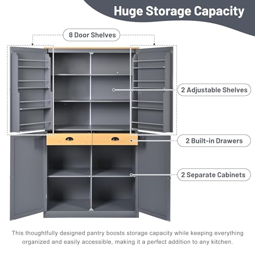 77 inch Kitchen Pantry, Freestanding Tall Cupboard with Shelves and Drawers T79940