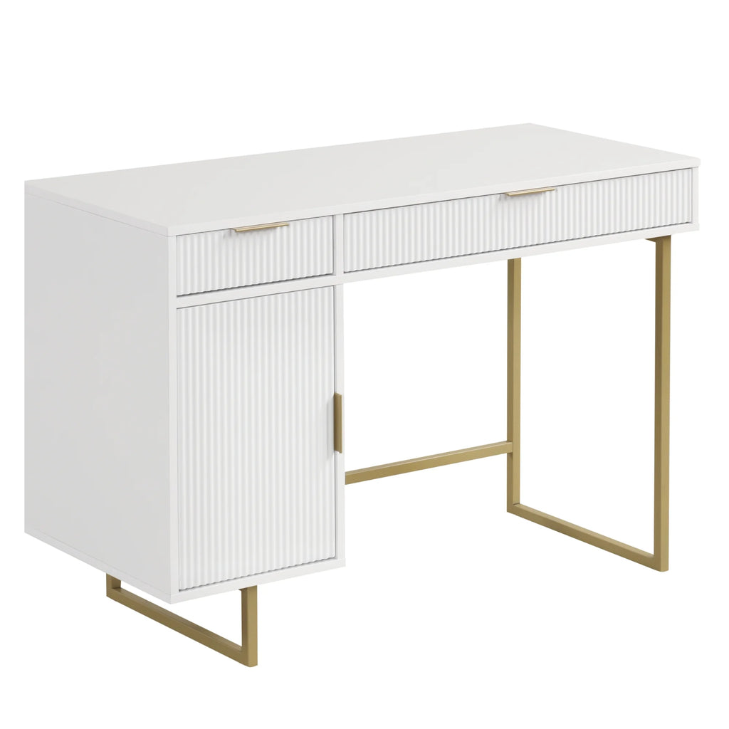 Modern White Computer Desk with Drawers and Cabinet Storage S895550