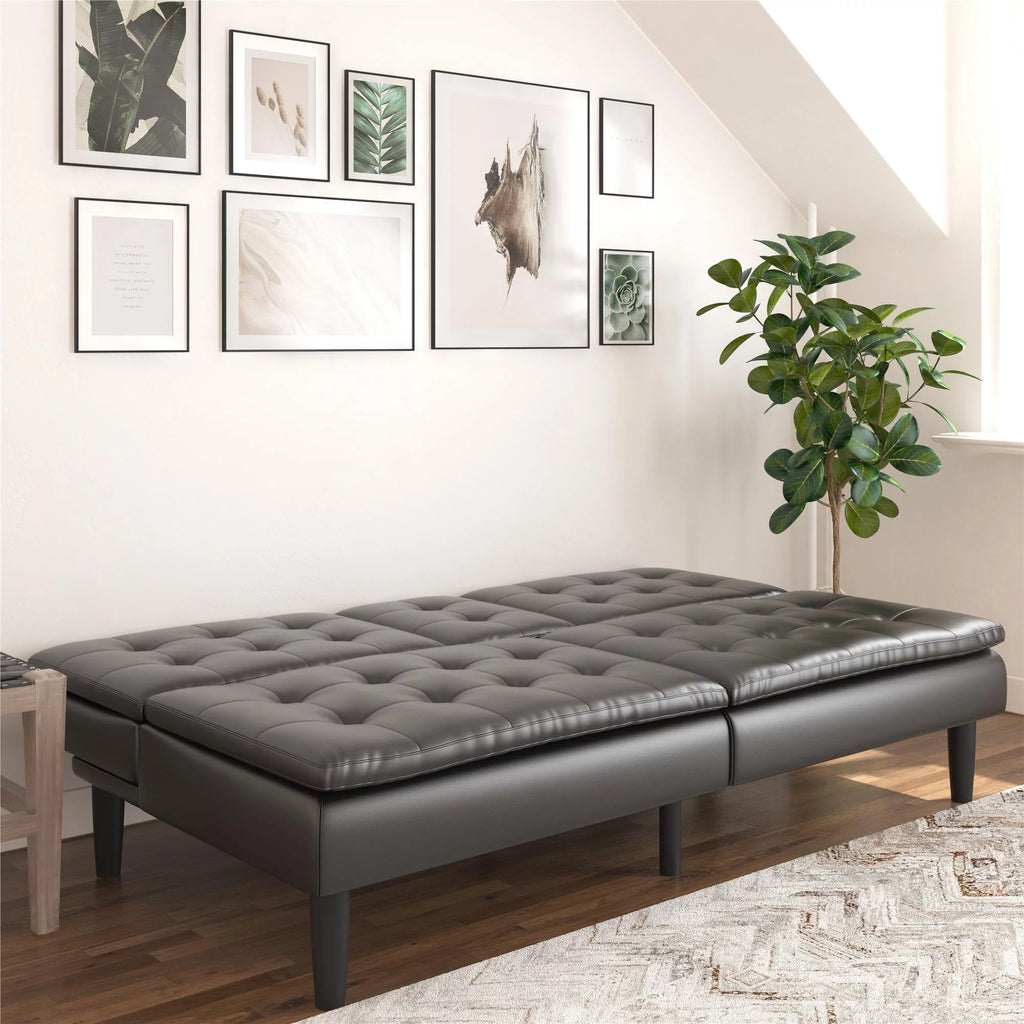 Memory Foam Futon with Cupholder and USB, Black Faux Leather Y2494
