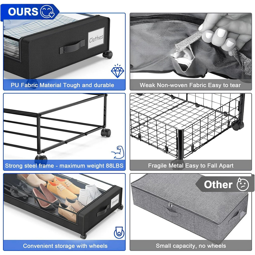 Under Bed Storage Containers with Wheels and Clear Lids, 60L, Black E9843