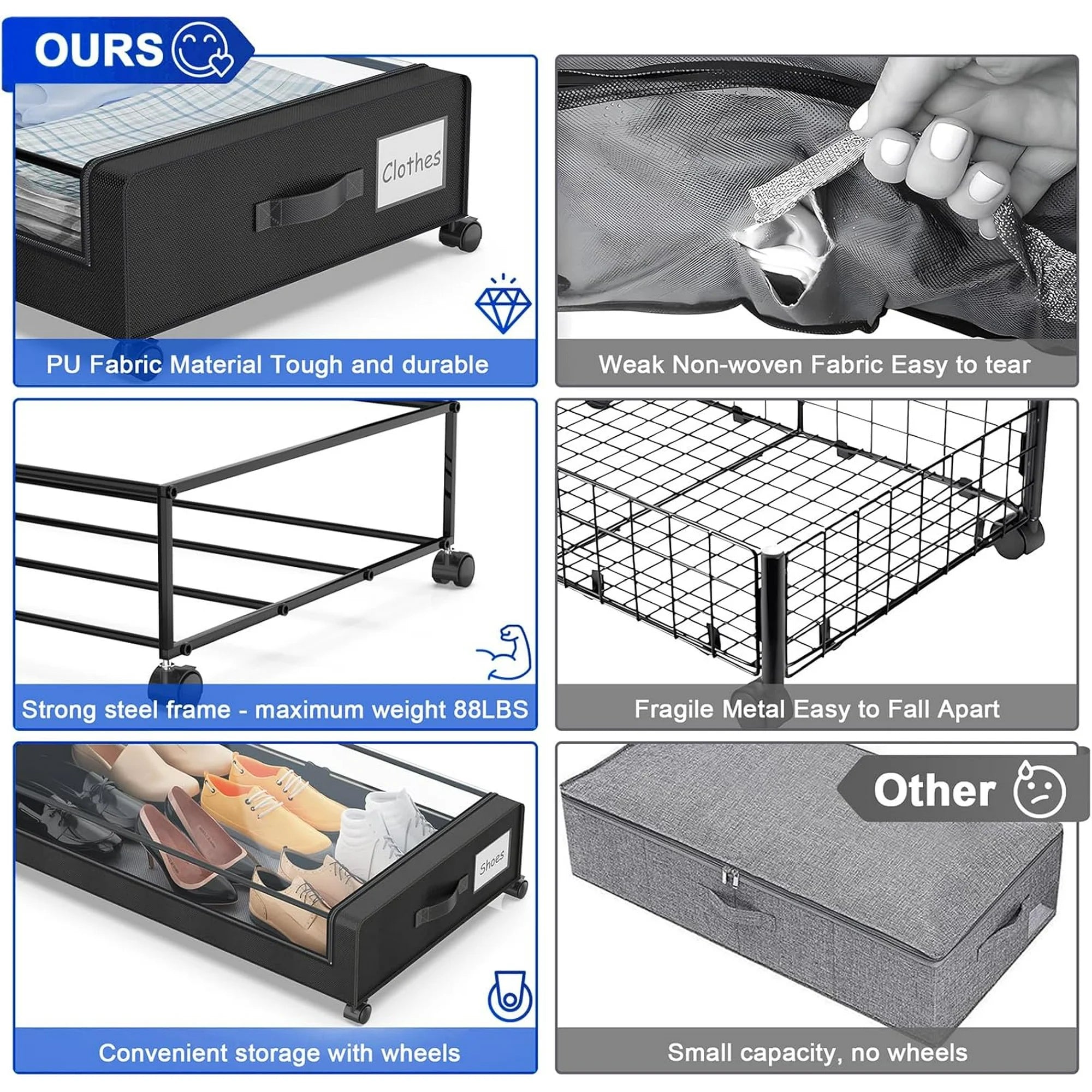 Under Bed Storage Containers with Wheels and Clear Lids, 60L, Black E9843