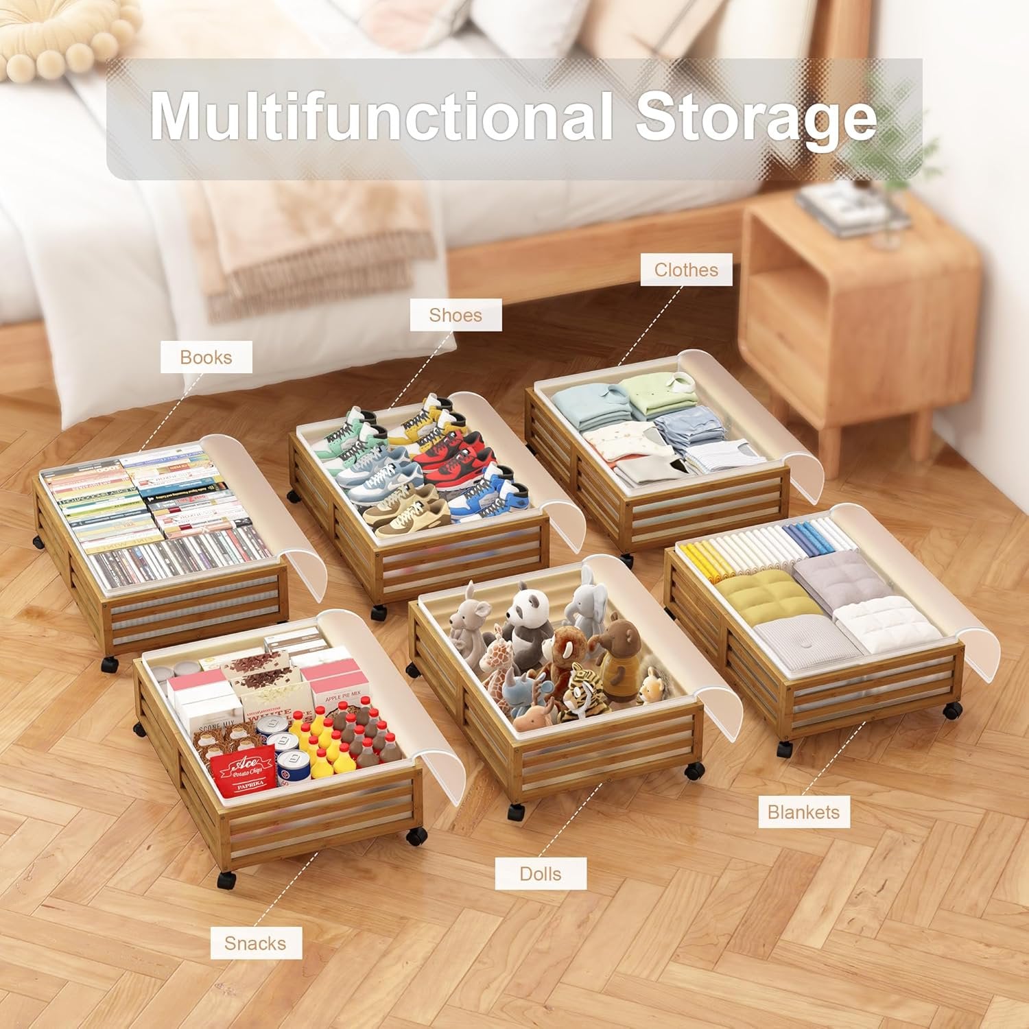Under Bed Storage Containers with Wheels, Bamboo Wood, 2 Pack O88203