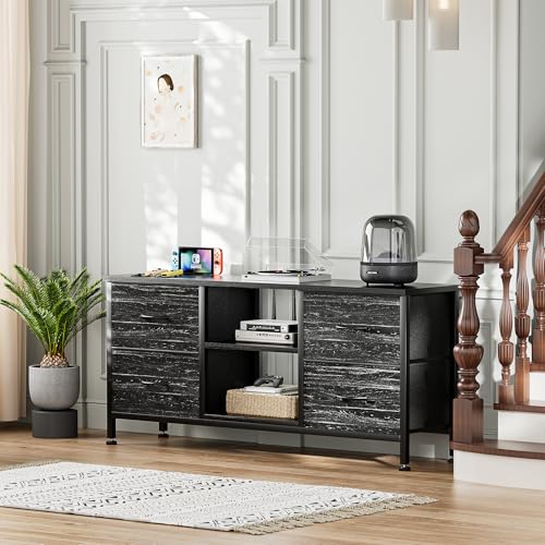 TV Stand with 4 Fabric Drawers and Open Shelves for 50" TV, Black Wood Veins I88170