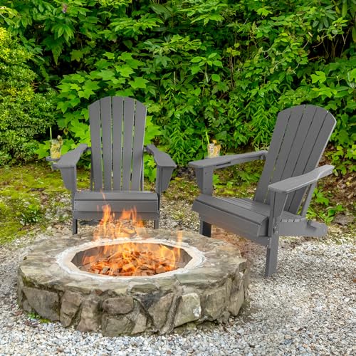 Folding Adirondack Chairs Set of 2, Weather Resistant with Cup Holder D8037
