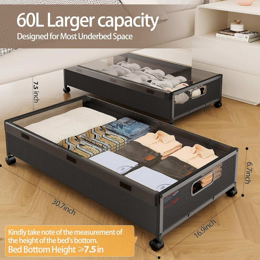 Under Bed Storage with Wheels, 2 Pack Rolling Metal Drawer for Clothes M92727