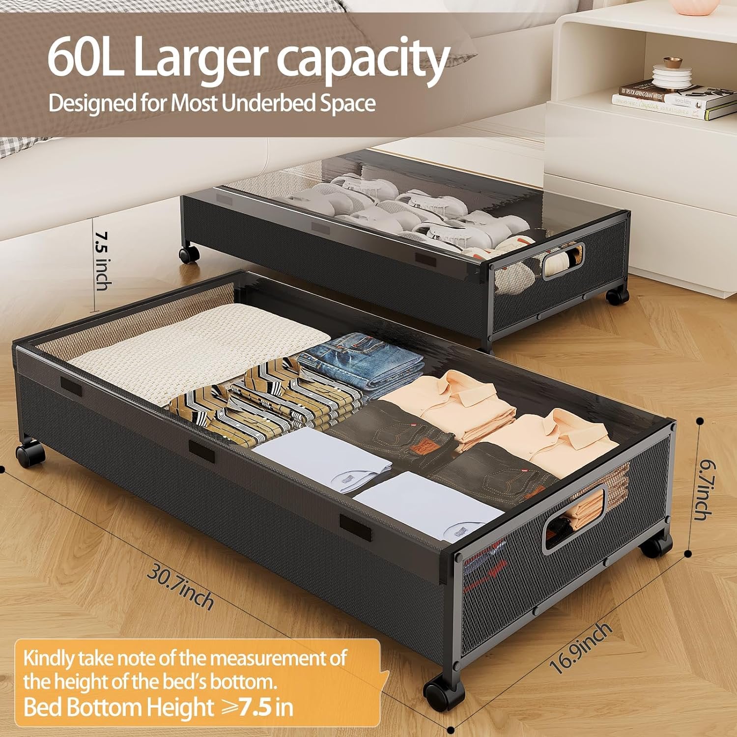 Under Bed Storage with Wheels, 2 Pack Rolling Metal Drawer for Clothes M92727