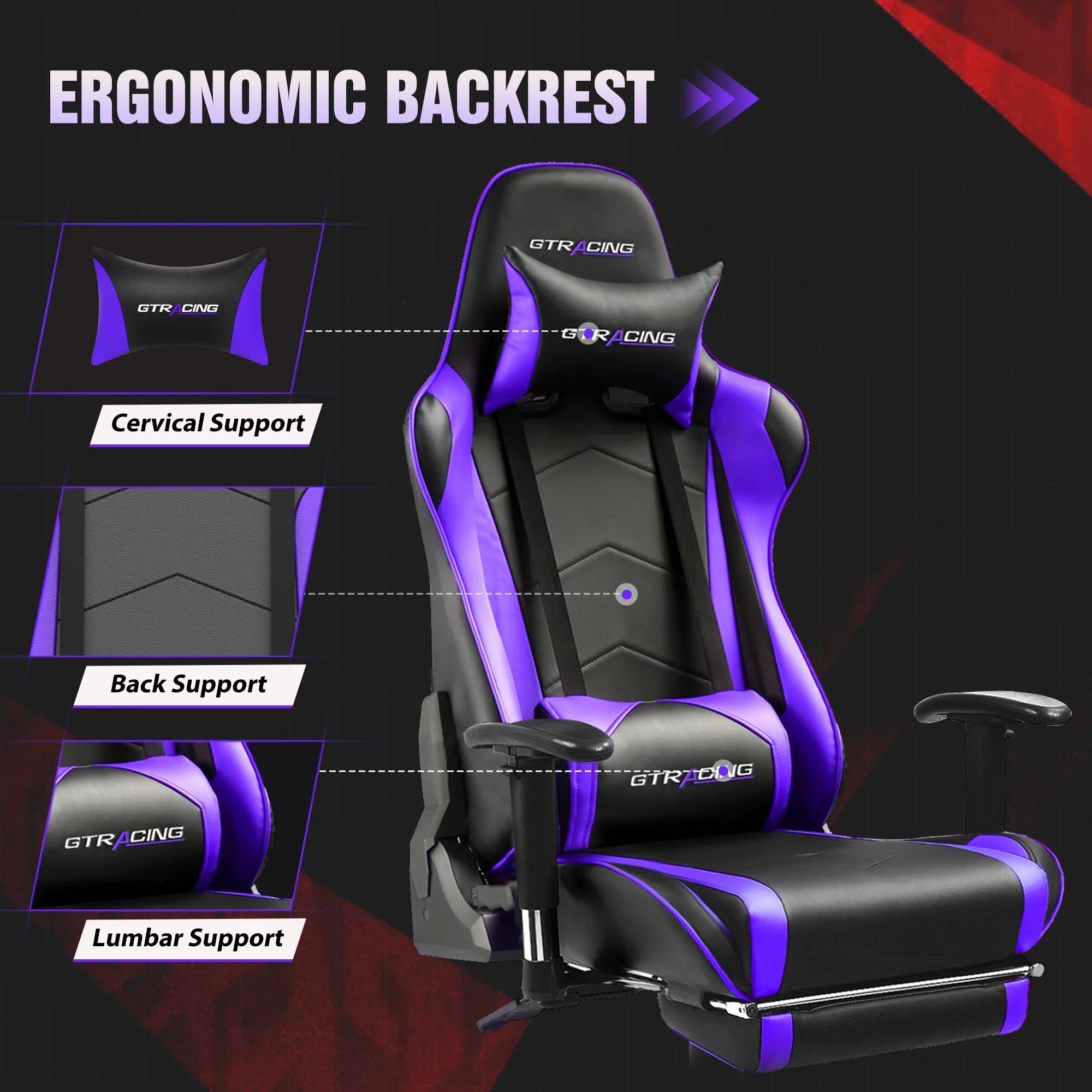 Gaming Chair with Footrest, PU Leather, Adjustable Headrest, Purple K923747