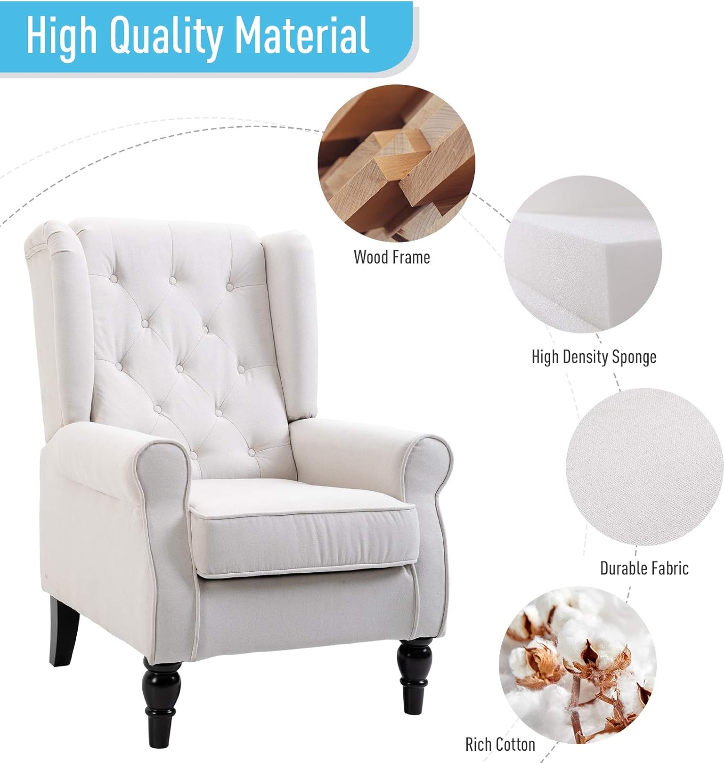 Button-Tufted Accent Chair with High Wingback, Set of 2, Cream White V426117