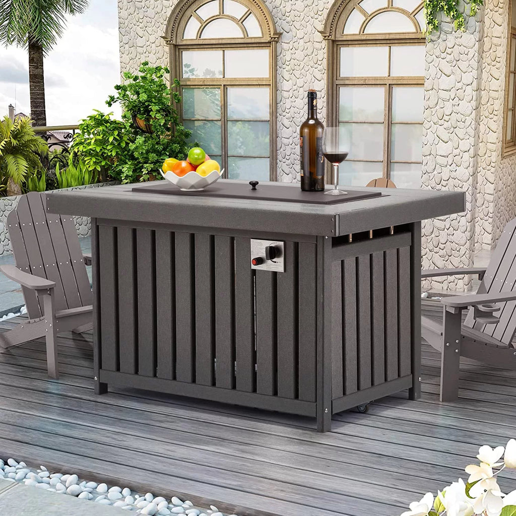 Erommy 43 Inch HDPE Propane Fire Pit Table, 50000 BTU Fire Pits with Lid and Fire Glass, for Deck, Outside Paito, CSA Certification, Gray