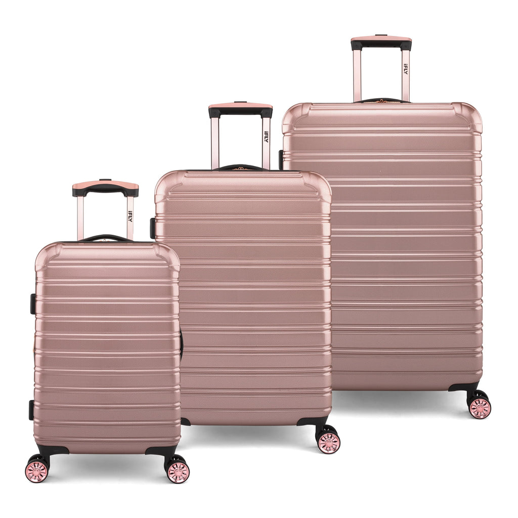 iFLY Hardside Luggage Fibertech 3 Piece Set, 20" Carry-on Luggage, 24" Checked Luggage and 28" Checked Luggage, Rose Gold