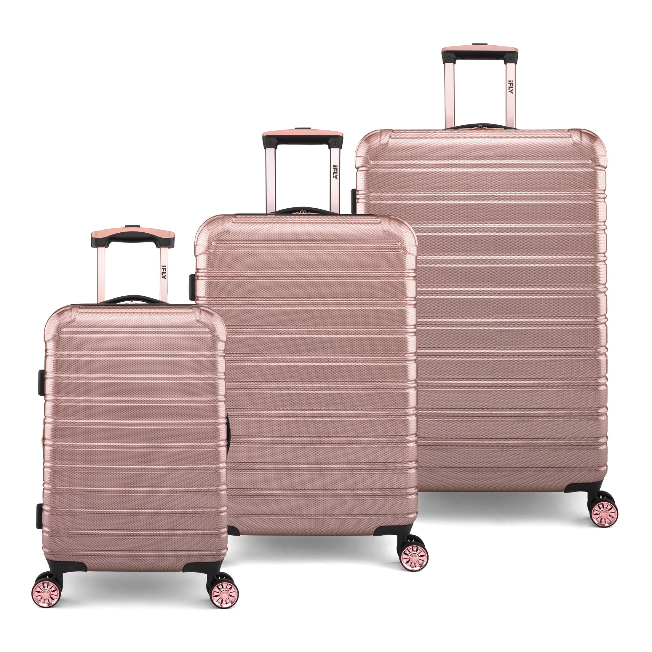iFLY Hardside Luggage Fibertech 3 Piece Set, 20" Carry-on Luggage, 24" Checked Luggage and 28" Checked Luggage, Rose Gold