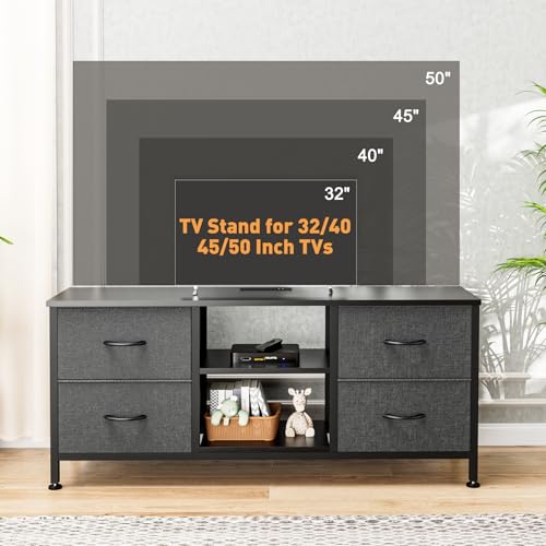 TV Stand with 4 Fabric Drawers and Open Shelves for 50" TV, Black Wood Veins I88170