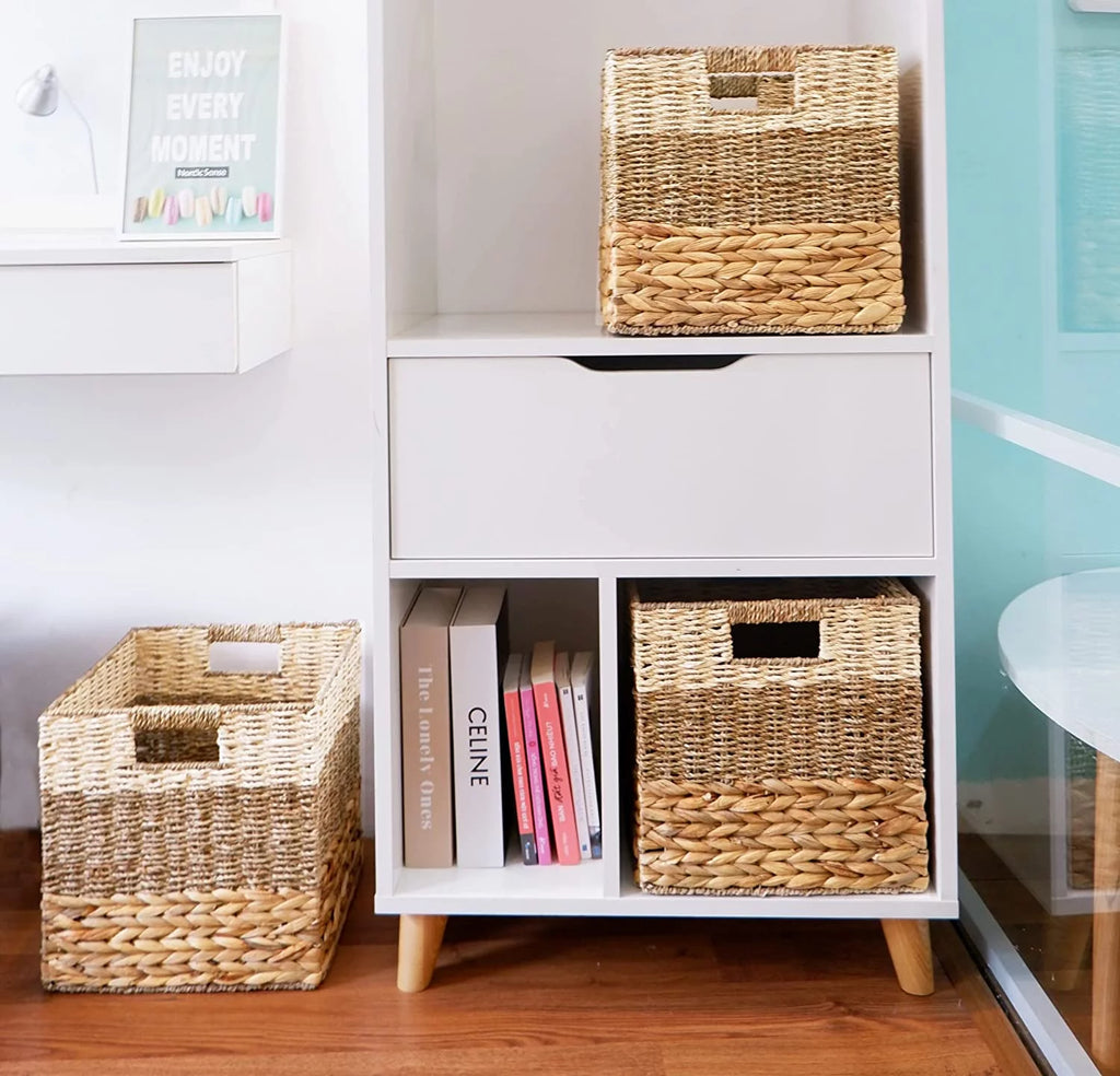 Natural Wicker Storage Cubes, 12x12 Bins, Set of 4 Heavy Duty Hyacinth Baskets for Shelf, Foldable Square Baskets K7706
