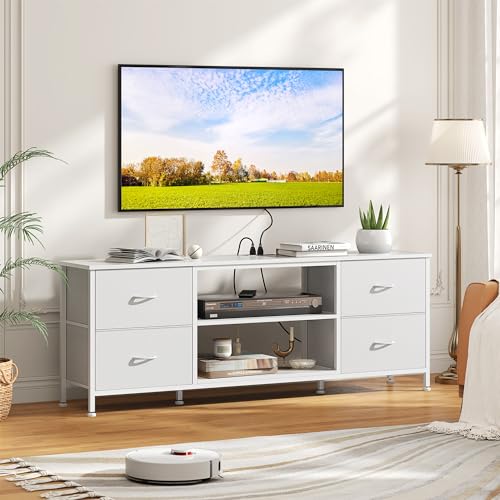 TV Stand with 4 Fabric Drawers and Open Shelves for 50" TV, Black Wood Veins I88170