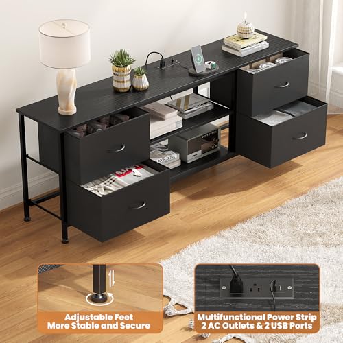 TV Stand with 4 Fabric Drawers and Open Shelves for 50" TV, Black Wood Veins I88170