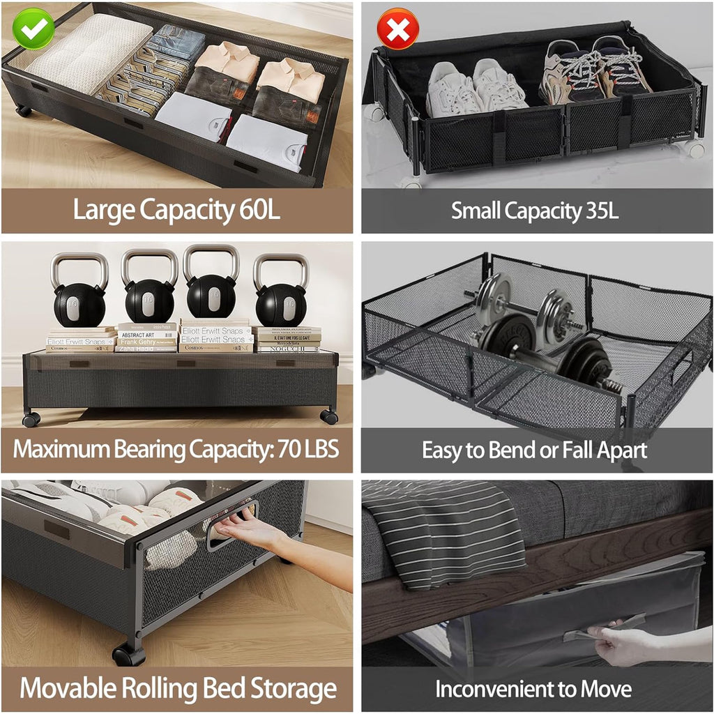 Under Bed Storage with Wheels, 2 Pack Rolling Metal Drawer for Clothes M92727