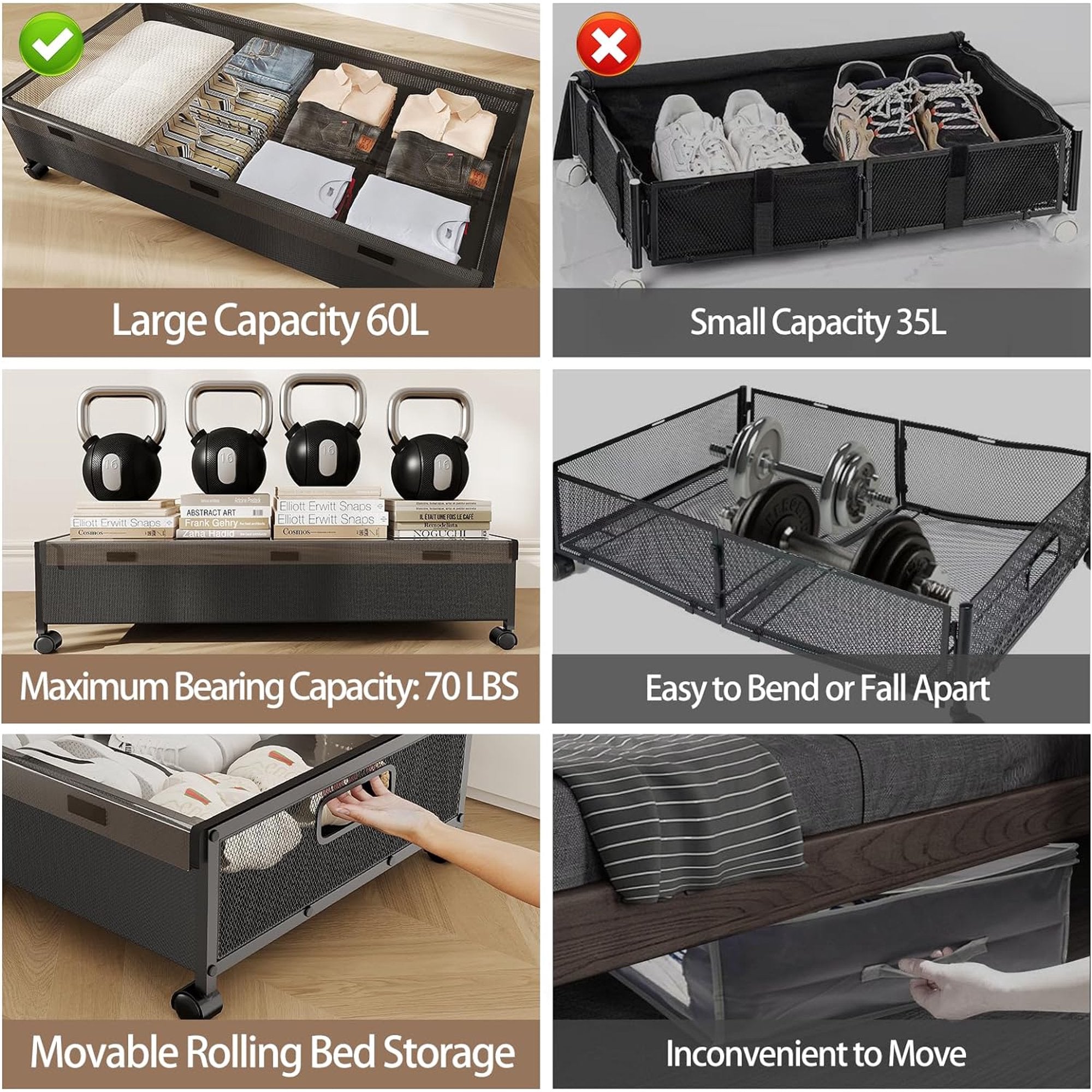 Under Bed Storage with Wheels, 2 Pack Rolling Metal Drawer for Clothes M92727
