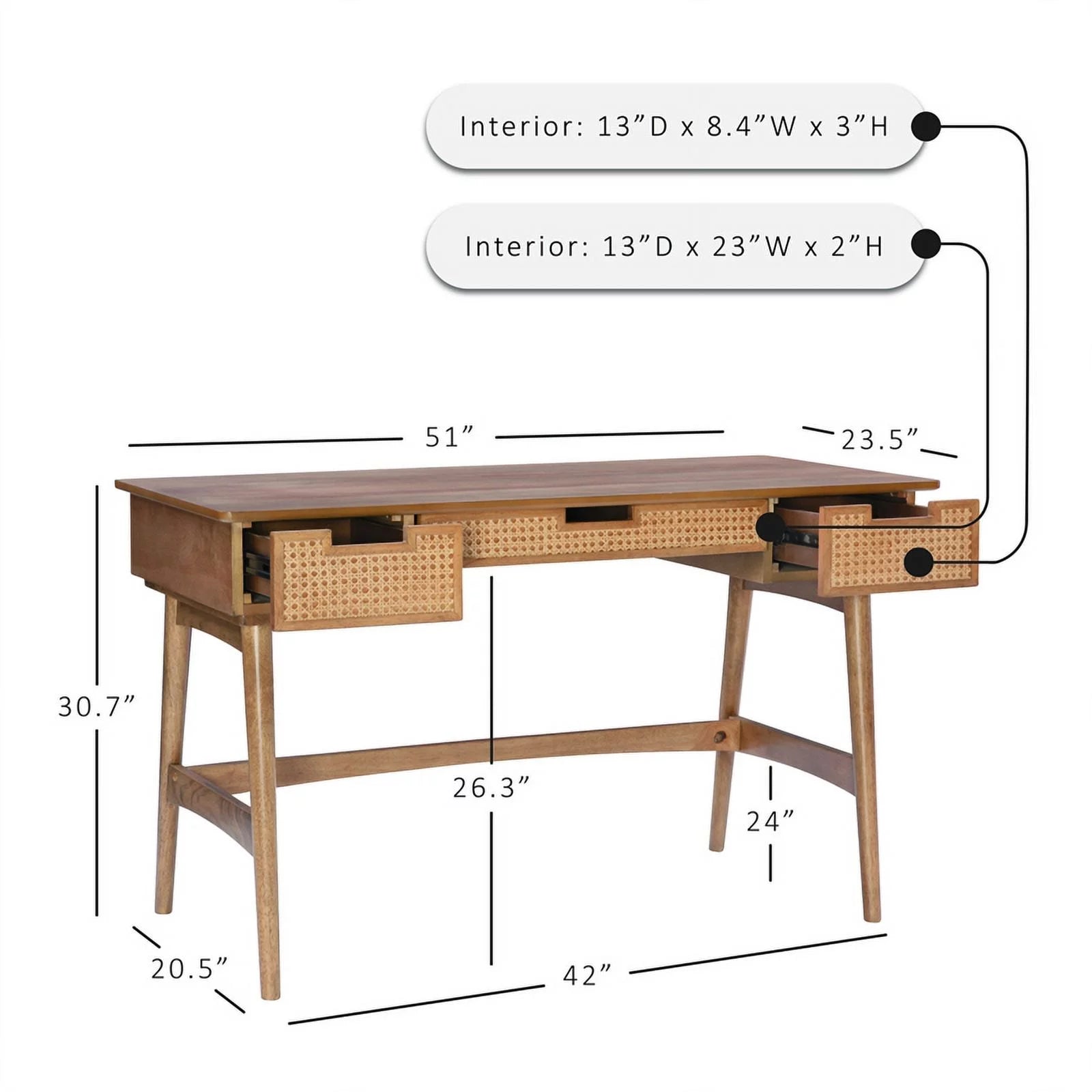 Rattan Wood Desk with Drawers K656