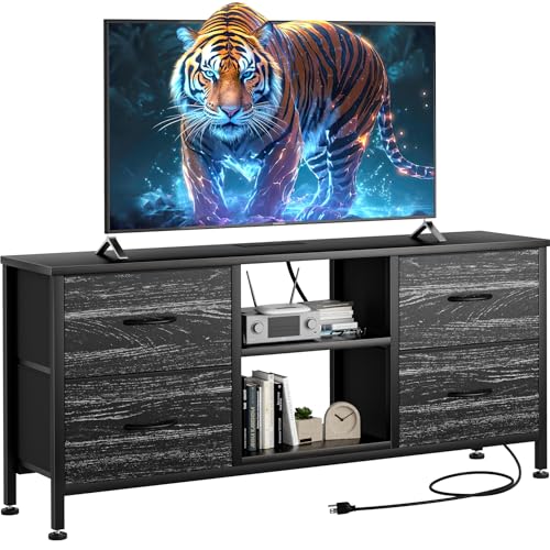 TV Stand with 4 Fabric Drawers and Open Shelves for 50" TV, Black Wood Veins I88170