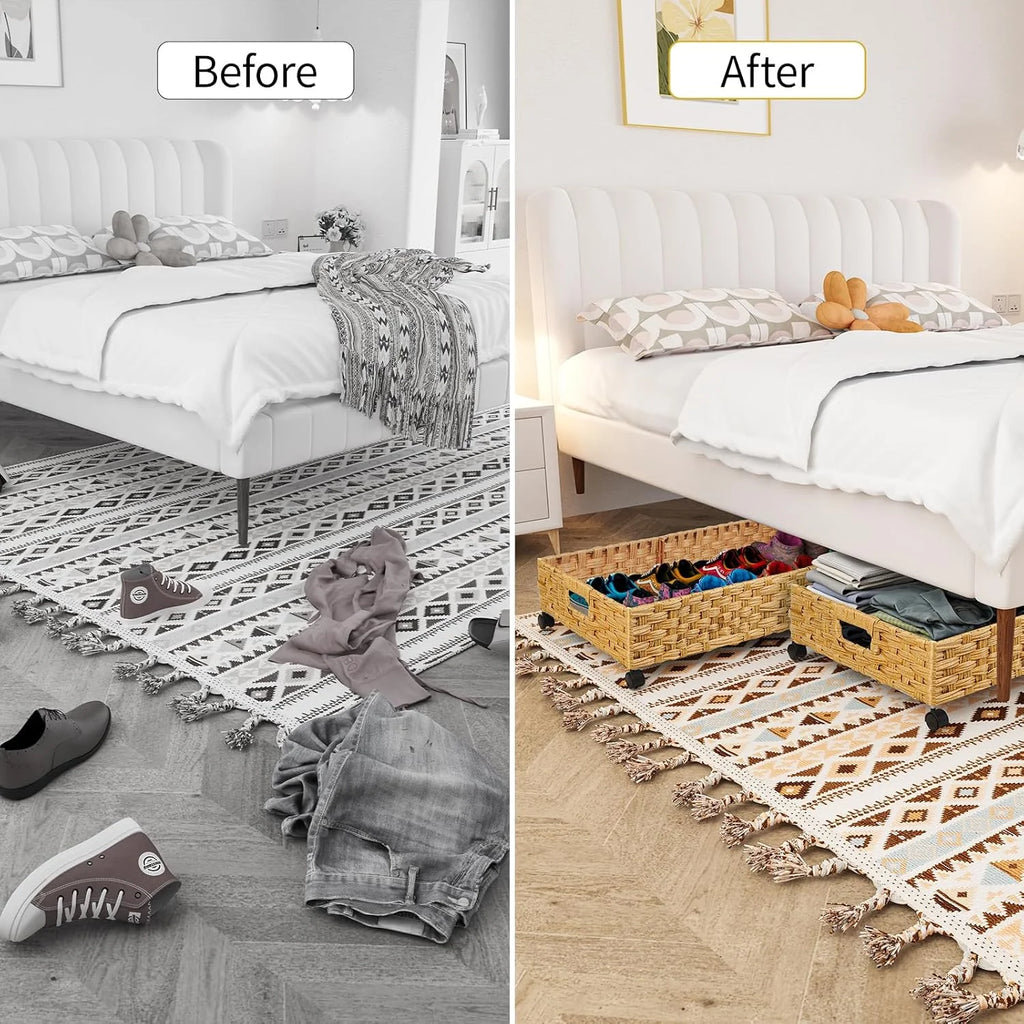 Under Bed Storage Containers with Wheels, 2 Pack, Rattan Organizer Drawer L9868
