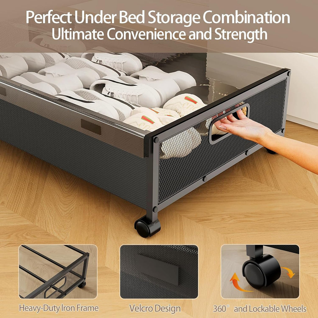 Under Bed Storage with Wheels, 2 Pack Rolling Metal Drawer for Clothes M92727
