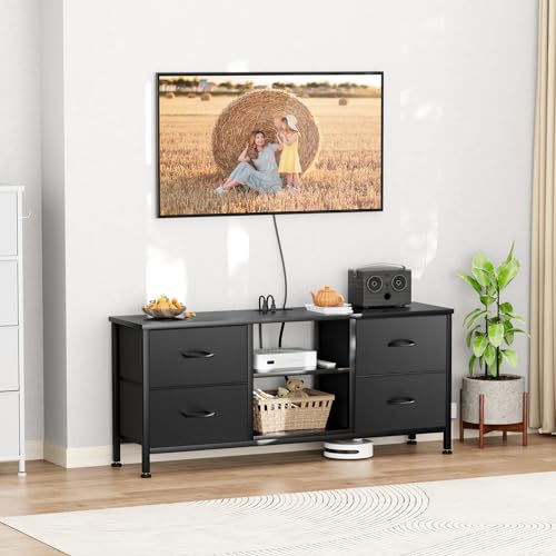 TV Stand with 4 Fabric Drawers and Open Shelves for 50" TV, Black Wood Veins I88170