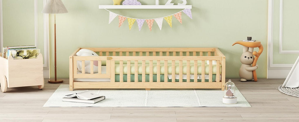 Twin Size Montessori Floor Bed with Door and Fence for Kids, Easy Assembly, Natural H441837