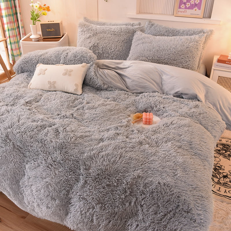 Shaggy Faux Fur Duvet Cover Set with 2 Pillowcases, Full Size W8940