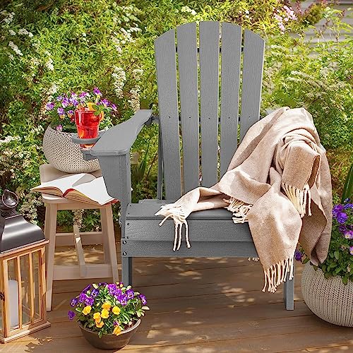 Folding Adirondack Chairs Set of 2, Weather Resistant with Cup Holder D8037