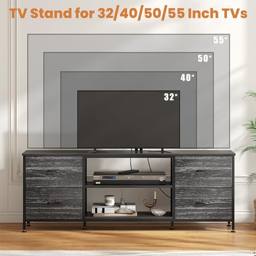 TV Stand with 4 Fabric Drawers and Open Shelves for 50" TV, Black Wood Veins I88170